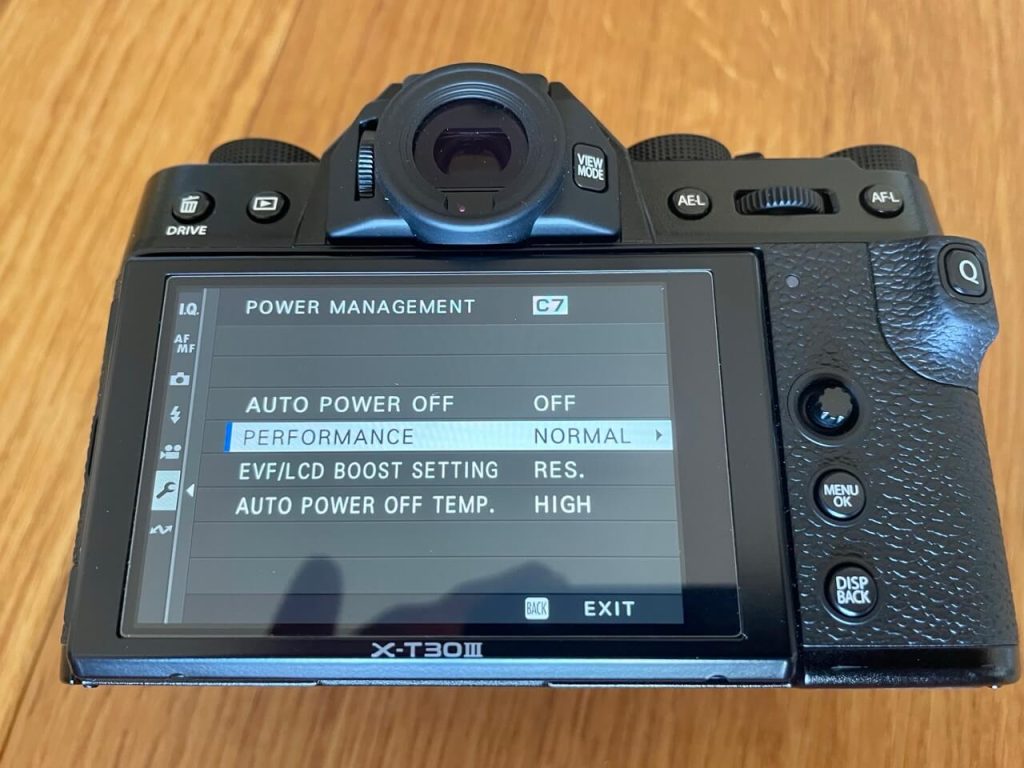 Fujifilm X-T30 III camera screen displaying the 'POWER MANAGEMENT' menu with 'PERFORMANCE' set to 'NORMAL
