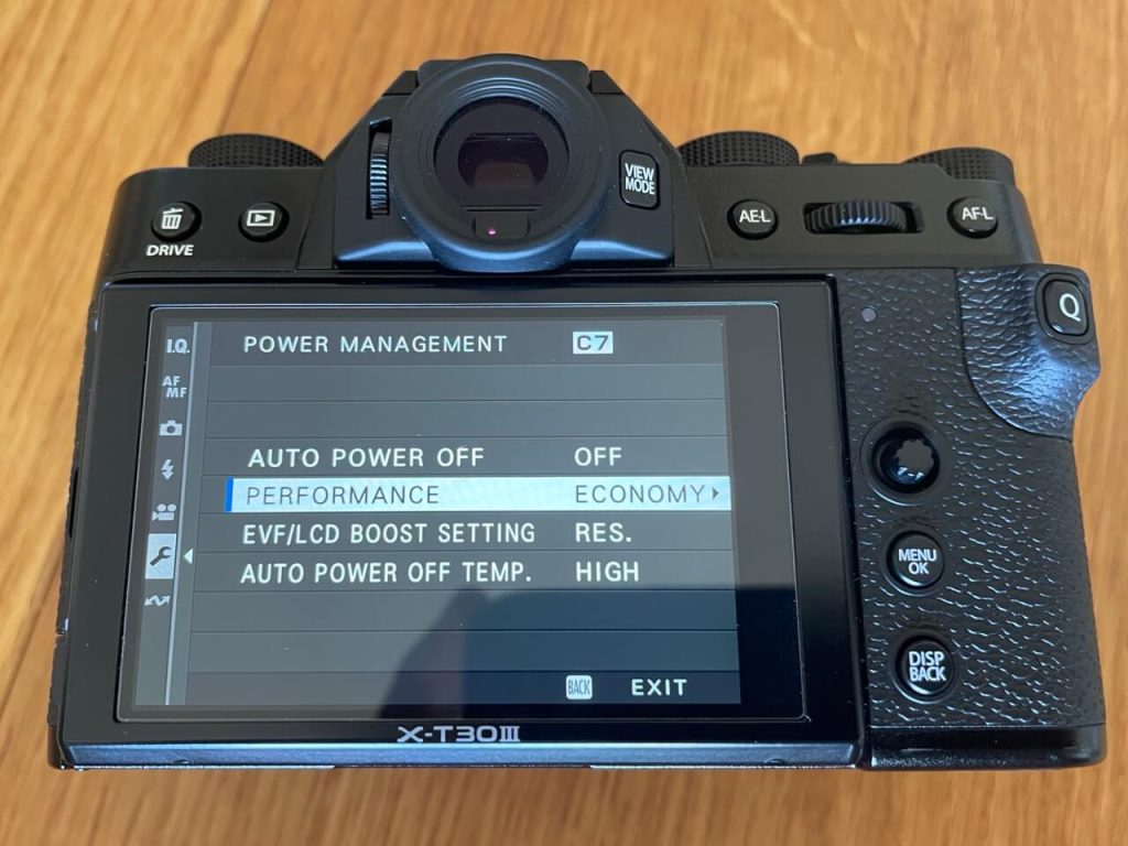 Fujifilm X-T30 III camera screen displaying the 'POWER MANAGEMENT' menu with 'PERFORMANCE' set to 'ECONOMY'.